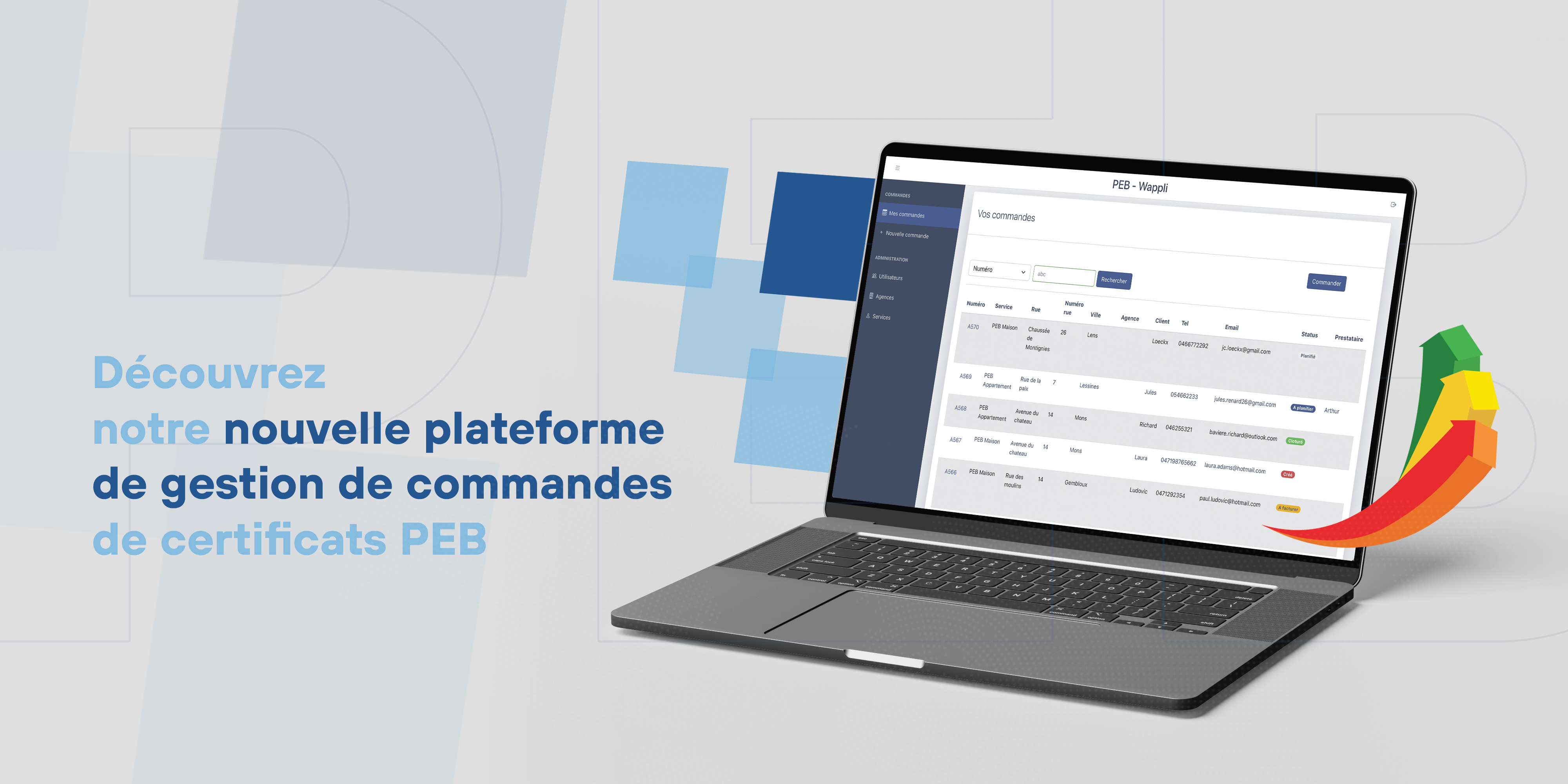 Ordinateur portable affichant une plateforme de gestion de commandes de certificats PEB, avec un graphique en courbe et une icône représentant une architecture connectée.